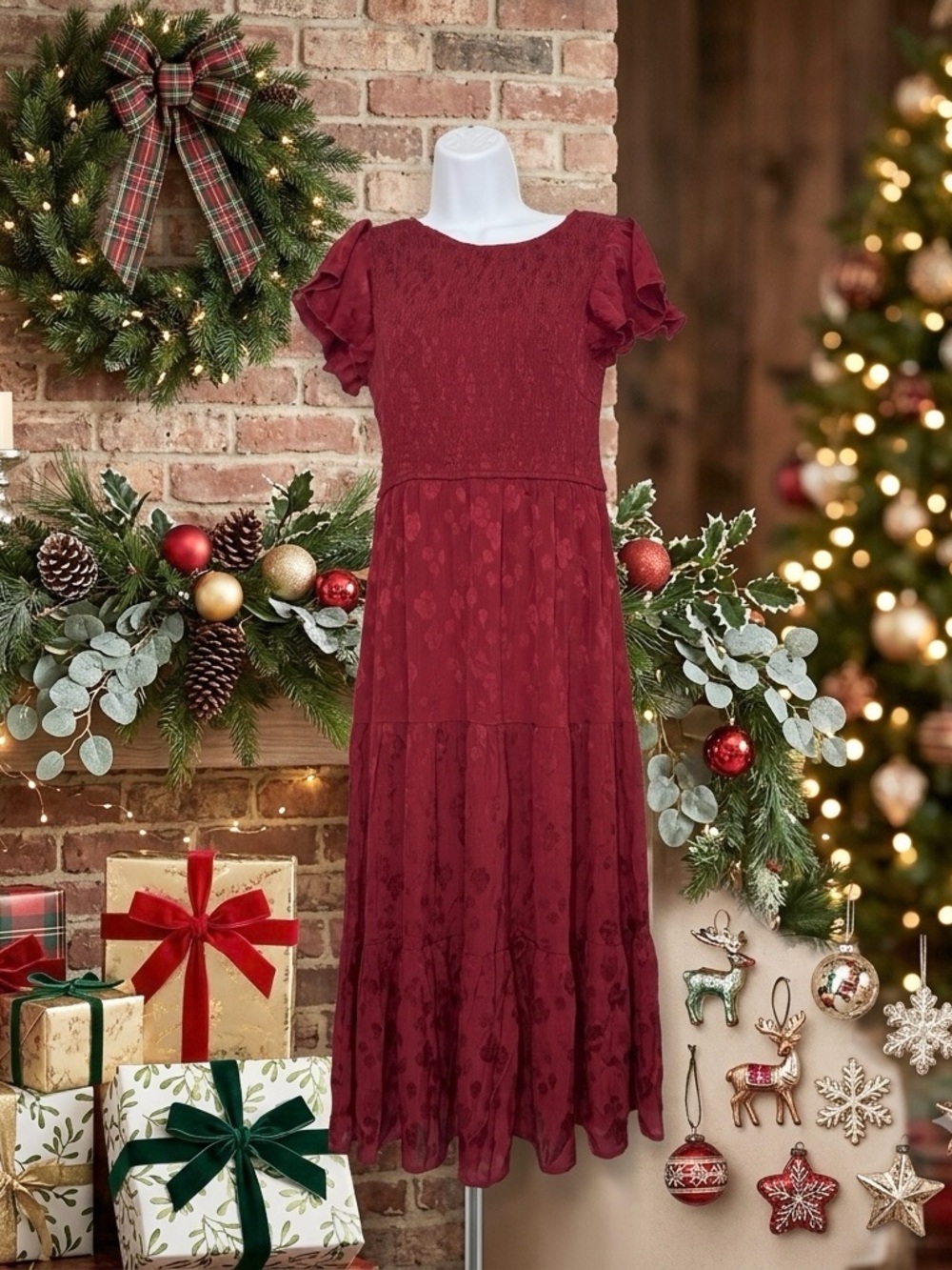 Women's Red Midi Dress with lace detail